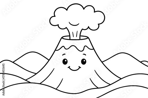 Friendly Volcano Coloring. Volcano children?s coloring book illustration, outlined drawing, a friendly volcano with a smiling face and a gentle puff of ash