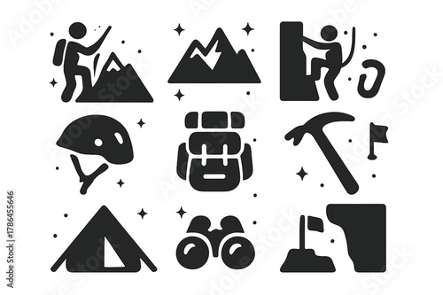 Mountain Climbing Icons. Mountain Climbers. Solid icons set of Mountain Climbers: climber, mountain, rope, helmet, backpack, carabiner, ice axe, crampons,