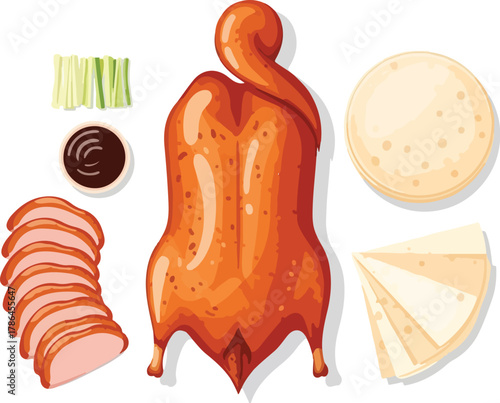 Authentic Peking Duck Preparation Vector Illustration with Condiments and Pancakes