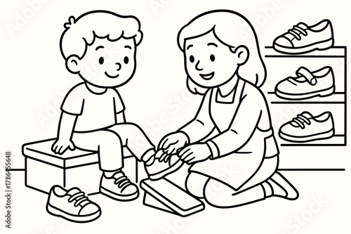Shoe Fitting Fun. Shoe fitting children?s coloring book illustration, outlined drawing, child trying on shoes