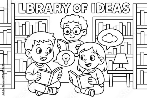 Children's Cozy Library. Library of ideas children?s coloring book illustration, outlined drawing, children