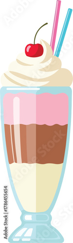Delicious Three Layered Ice Cream Sundae or Milkshake Dessert with Whipped Cream and Cherry Vector Illustration