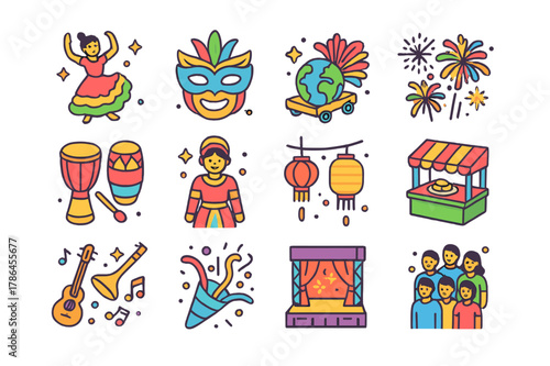 Global Celebration Icons. Global celebration. Colorful isometric vector icons set of global celebration: traditional dance, festival mask, parade float,