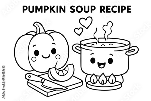 Smiling Pumpkin Cooking. Pumpkin soup recipe children?s coloring book illustration, outlined drawing, smiling