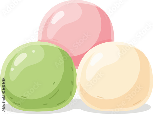 Delicious Japanese Dango Mochi Sweets Trio Pink Green and Cream Cartoon Illustration