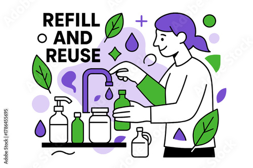 Sustainable Refill Station. Refill and reuse. A person refilling bottles and containers at a zero waste store,