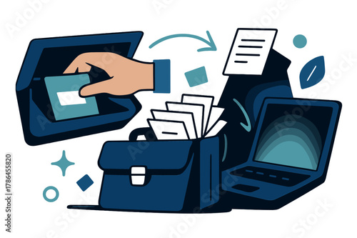 Dynamic Document Dive. Glove compartment documents. A hand reaching for a folder, a briefcase overflowing with papers, a laptop screen glowing in the dark.
