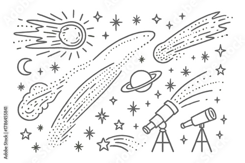 Comet Doodle Icons. Comets. Hand-drawn doodle illustration comets icy tail, glowing head, orbit line, stars, planet, telescope, night sky, meteor, trail dots,