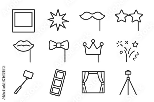 Photo Booth Icons. Photo Booth Fun. Line icon set of Photo Booth Fun: photo frame, camera flash, prop mustache, star glasses, lips prop, bow tie prop, crown