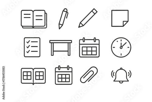 Daily Planner Icons. Daily planner setup. Line outline icon set of daily planner setup: planner notebook, pen,