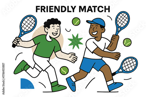 Joyful Tennis Match. Two friends enjoying a friendly competition, like playing tennis or cards. Two smiling