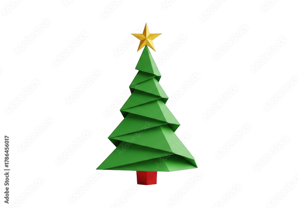 Obraz premium A stylized green christmas tree with a gold star on top, isolated on transparent background