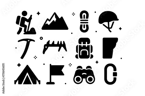 High-Altitude Climbing Icons. High-Altitude Climbing. Solid icons set of High-Altitude Climbing: climber, mountain, rope, helmet, ice axe, crampons, backpack,