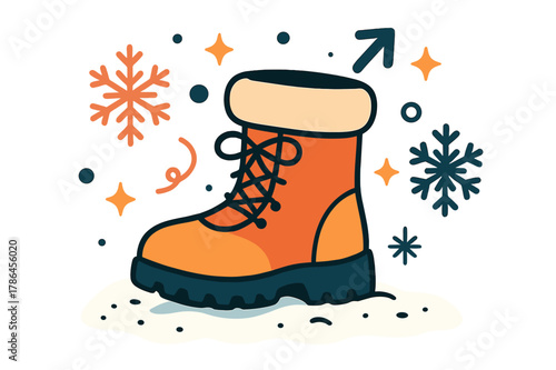 Stylish Winter Boots. Boot. Snow boots on snowy background with abstract floating snowflakes, icons, and sparkles; conveys winter, warmth, and outdoor fashion.