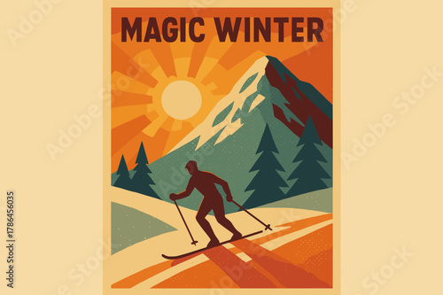 Magic Winter Poster. Magic Winter ? Retro Poster (variant): geometric bold sans-serif, halftone dots, paper