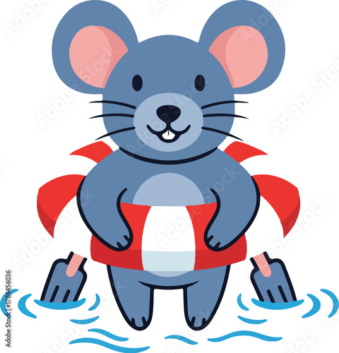 Cute Cartoon Mouse Character Wearing a Red and White Life Buoy Swimming in Water