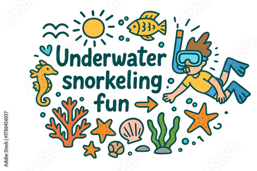 Snorkeling Adventure Doodles. Underwater snorkeling fun. Hand-drawn doodle illustration of underwater