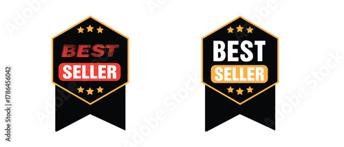 Best Seller badge label set modern black and gold ribbon design with stars for ecommerce, retail promotion, top product highlight, award, and online marketplace advertisement