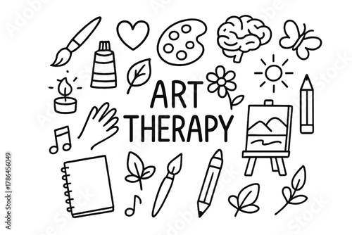 Art Therapy Doodle. Art Therapy. Hand-drawn doodle illustration of mental wellness through art and creativity.
