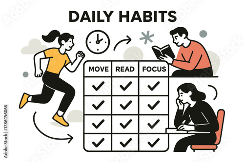 Dynamic Habit Tracker. Vision Board ? Daily Habits. A neat habit grid with checkmarks gliding across; labels ?Move, Read, Focus?. A minimal clock and arrow