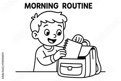 Child's Morning Routine. Morning routine children?s coloring book illustration, outlined drawing, smiling