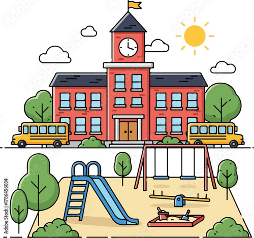 Illustration of Classic Red Brick School Building with Playground and School Buses