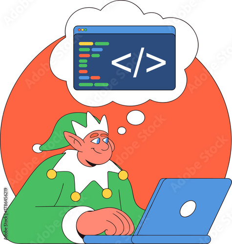 Christmas Elf Coding Software Development on Laptop Vector