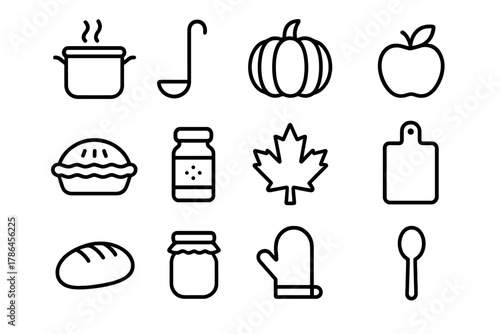 Autumn Recipe Icons. Fall recipes. Line outline icon set of fall recipes: soup pot, ladle, pumpkin, apple, pie
