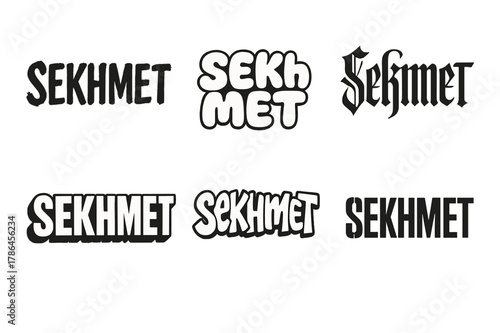 Diverse Lettering Styles. Sekhmet Deity. Set lettering. harmonious lettering variations of the same emblematic concept, each with different artistic