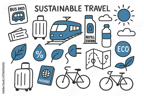Sustainable Travel Icons. // Sustainable travel. Hand-drawn doodle illustration Sustainable travel [train (accented), bus pass, suitcase, refill station