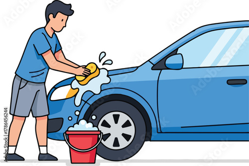 Man Washing Blue Car by Hand with Sponge and Suds Vector Illustration
