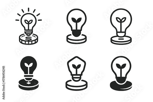 Innovative Logo Designs. Entrepreneurship. Set Logo of Entrepreneurship: lightbulb sprouting from coin. harmonious logo variations of the same emblematic