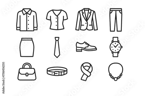 Workday Wardrobe Icons. Workday wardrobe. Line outline icon set of workday wardrobe: dress shirt, blouse,
