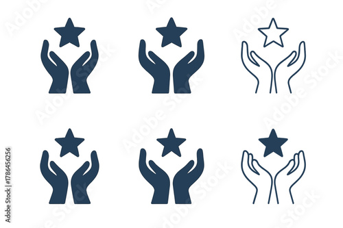 Empowered Unity Logos. Community empowerment. Set Logo of Community empowerment: joined hands lifting star. harmonious logo variations of the same emblematic