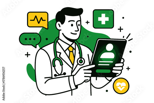 Telehealth Consultation Concept. Telemedicine setup. Doctor holding a tablet with glowing patient info while