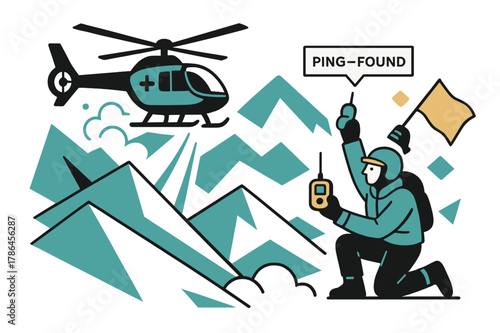 Avalanche Rescue Operation. Avalanche Response. Snow dust plumes as the bird hovers; a rescuer with a beacon waves a bright flag. ?PING?FOUND? blips in a small