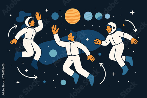 Dynamic Astronauts in Space. space. Astronauts floating in zero gravity, stars shining in the background, planets aligned in a row. Modern flat vector scene