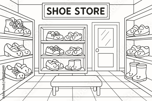 Smiling Shoe Shop. Shoe store children?s coloring book illustration, outlined drawing, cartoon shop with