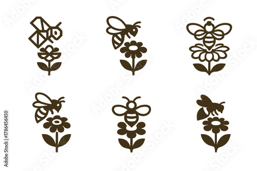 Pollinator Protection Logos. Pollinator protection. Set Logo of Pollinator protection: bee over wildflower. harmonious logo variations of the same emblematic