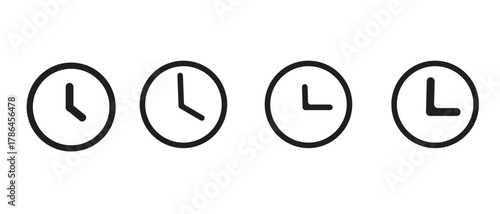 Minimal clock icon set simple black line vector design showing different time positions, perfect for time management, schedule, alarm, and productivity app interfaces
