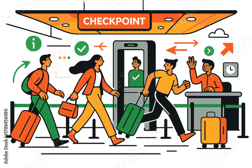 Modern Airport Checkpoint Design. Modern airport design. Wide view of sleek checkpoint area with organized