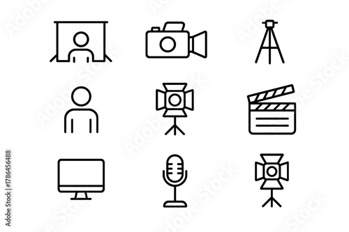 Studio Production Icons. Studio production. Line outline icon set of studio production: green screen, camera,