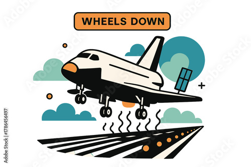Spaceplane Landing Illustration. Reusable Spaceplane Landing. Gear drops, airbrakes bloom; runway lights march forward in crisp perspective. A glowing ?Wheels