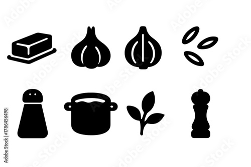 Cooking Ingredient Icons. Cooking ingredients. Filled icon set of cooking ingredients: butter stick, garlic