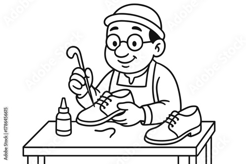 Cobbler's Workshop Coloring. Shoe maker children?s coloring book illustration, outlined drawing, friendly