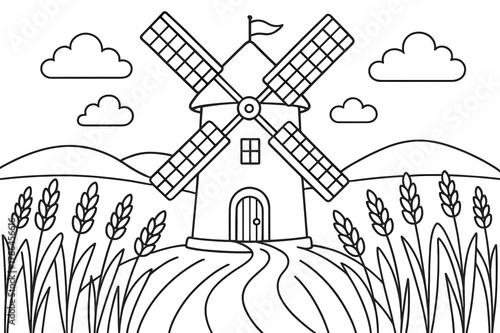 Windmill Coloring Page. Windmill field children?s coloring book illustration, outlined drawing, old-fashioned windmill surrounded by wheat fields, educational