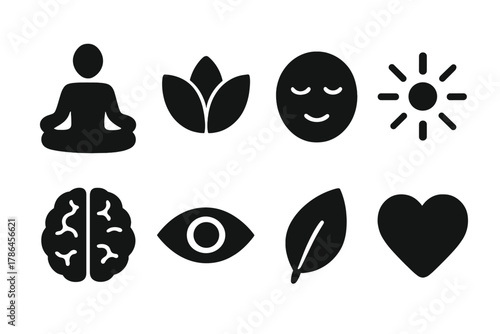 Mindfulness Icon Set. Mindfulness. Filled icon set of mindfulness: meditation pose, lotus, calm face, light