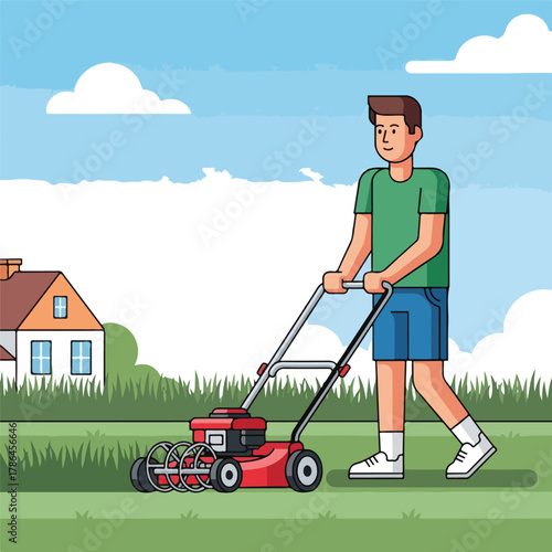 Man Mowing Lawn with Red Push Mower in Front of Suburban House Illustration