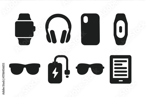 Fashion Tech Icons. Fashion tech accessories. Filled icon set of fashion tech accessories: smartwatch,