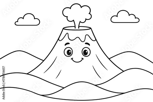 Friendly Volcano Illustration. Volcano children?s coloring book illustration, outlined drawing, a friendly volcano with a smiling face and a gentle puff of ash